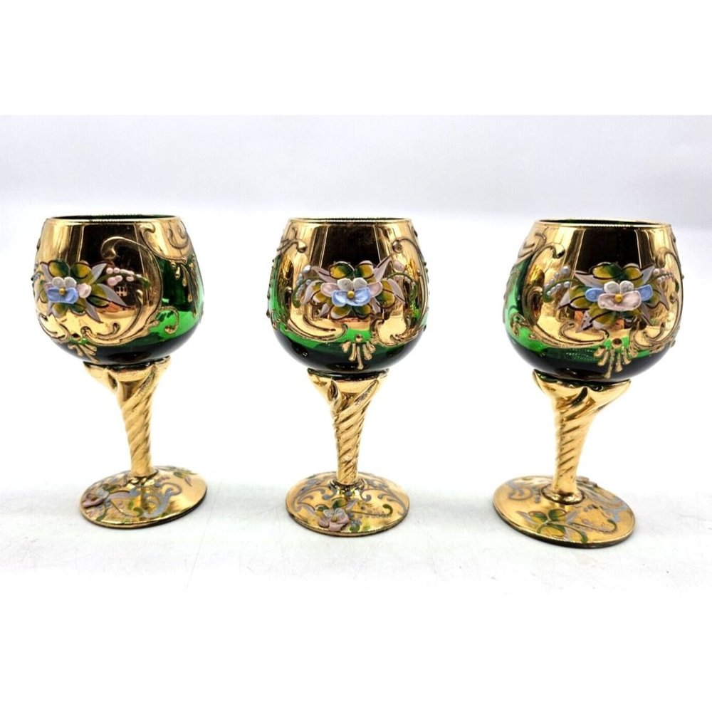 Vintage 3 Murano Glass Venetian Green Emerald Gold Cordial Glasses